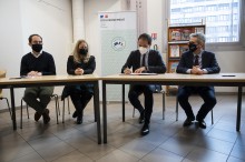 Patrice Bessac, président d'Est Ensemble, Nadia Hai, ministre déléguée chargée de la Ville, Cédric O, secrétaire d’État chargé de la Transition numérique et des Communications électroniques et Stéphane Troussel, président du département de la Seine-Saint-Denis